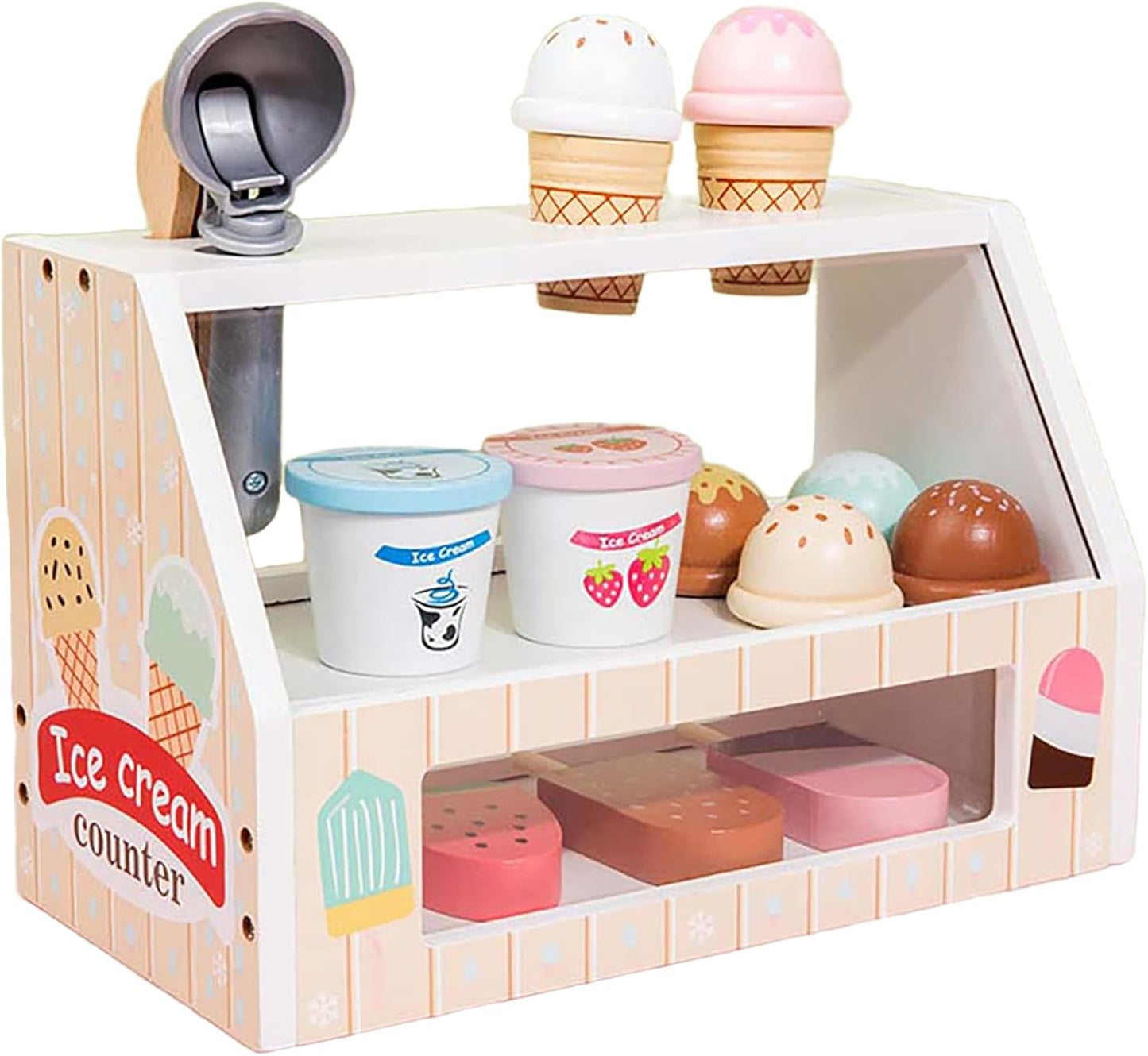 BEACENOV Wooden Pretend Play Ice Cream Counter for Kids, Toddler Wooden Toys, 45 Pcs Play Food Set, Scoop and Serve Ice Cream Station Playset
