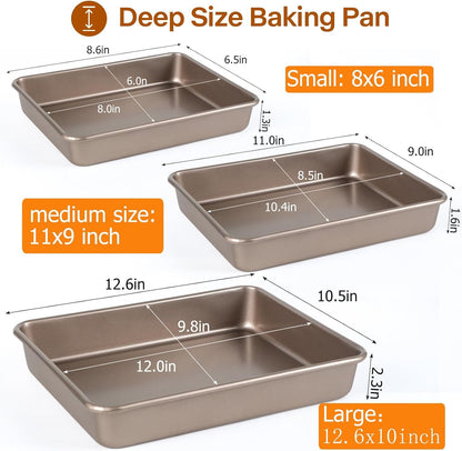 Barlket 3-Pieces Rectangle Cake Pan, Deep Baking Pans Set, Nonstick Roasting Pans Set for Thanksgiving Christmas, 9/11/13 Inch, Toaster Oven Tray Bakeware Set, Lasagna Pan Deep Size, Heavy Duty, Gold