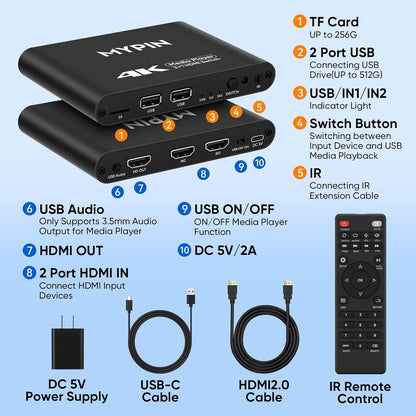 4K@30 Media Player with 2 in 1 Out HDMI Switch Function, 2 Port HDMI Switcher Splitter, Automatic Switch with Remote, Medie Player Supports Image, Music, Video Playback
