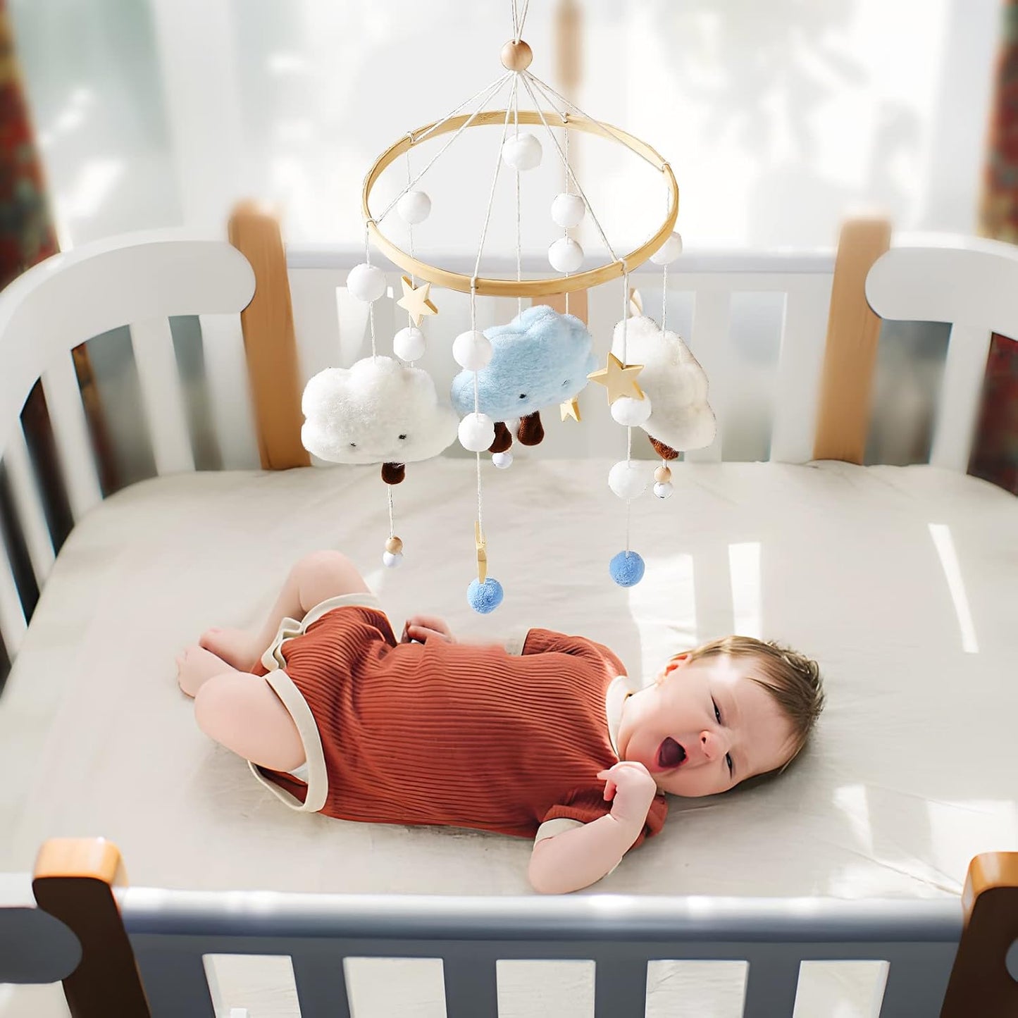 Promise Babe Mobile Baby Wood with Felt Balls Baby Room Bed Hanging Bell Clouds Star Crocheted Felt Mobile Windshield Baby Boys Girl Cot Bed Baby Star Moon Clouds Mobile