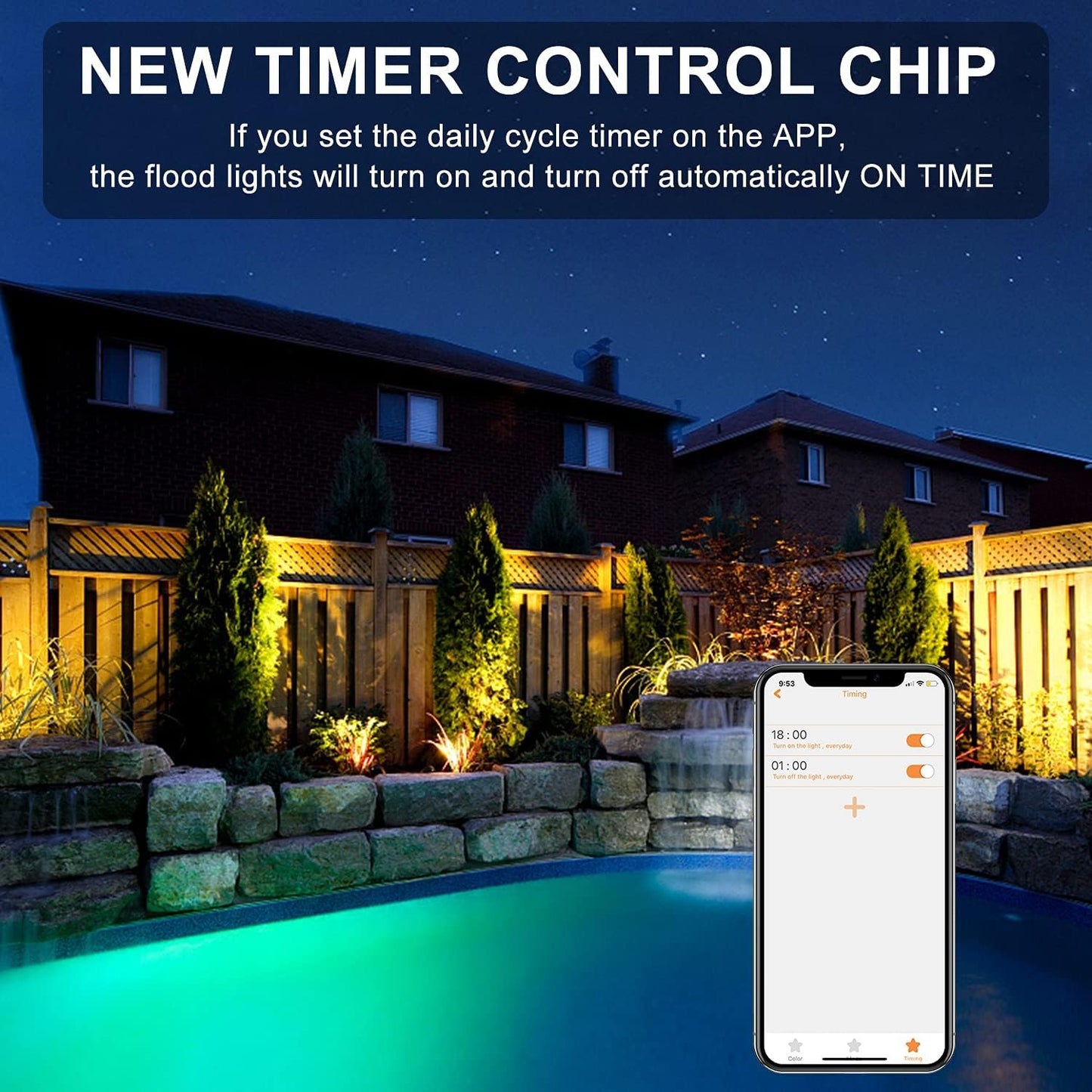 Led Flood Light 300W Equivalent,RGB Color Changing Outdoor Lights Smart Floodlight with APP Control,2700K&16 Million Colors,DIY Scenes,IP66 Waterproof,Timing,Music Sync,US 3-Plug(4Pack)