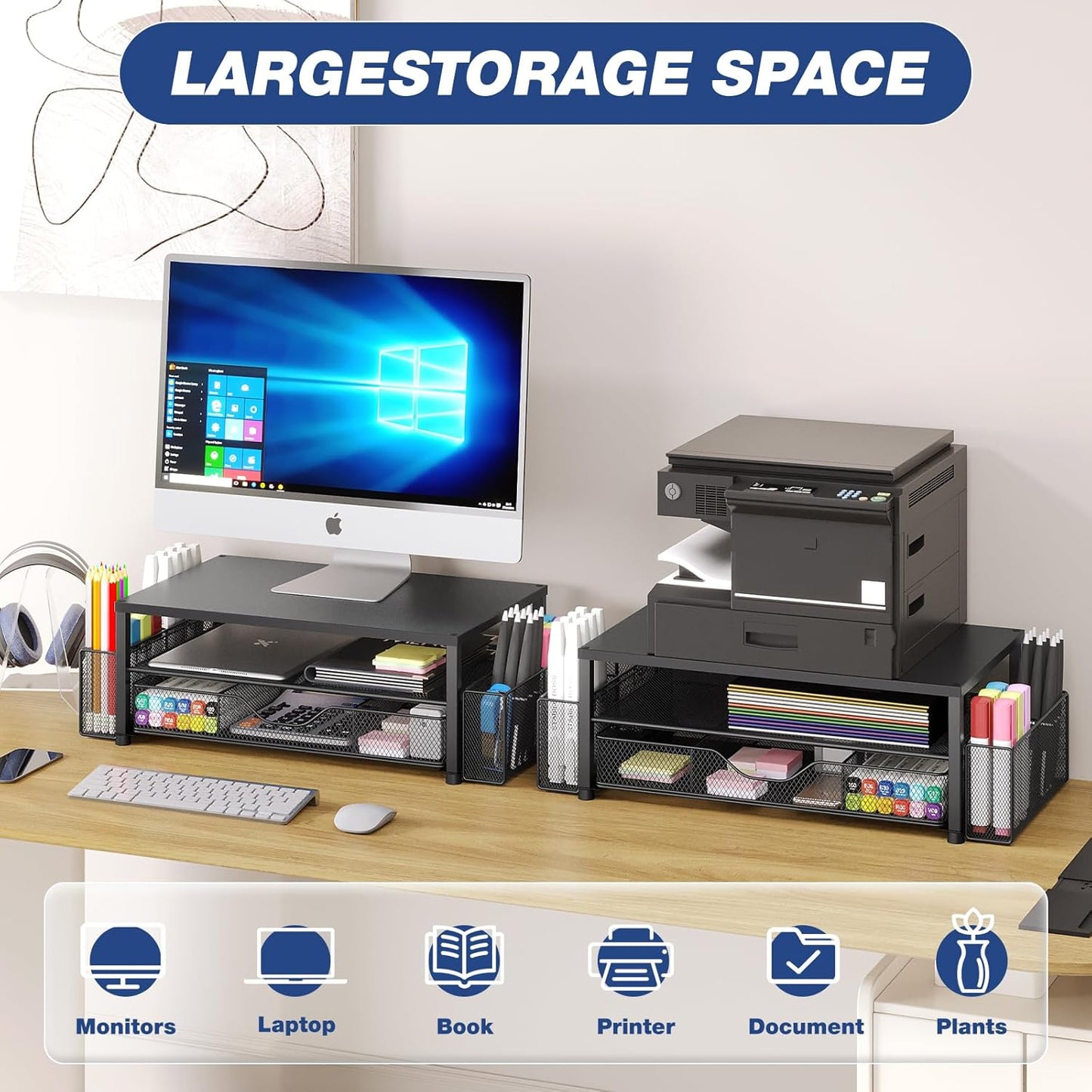 Desk Organizer and Accessories, 2-Tier Computer Monitor Stand with Drawer and 2 Pen Holders, Office Desk Accessories for Office Supplies, Black