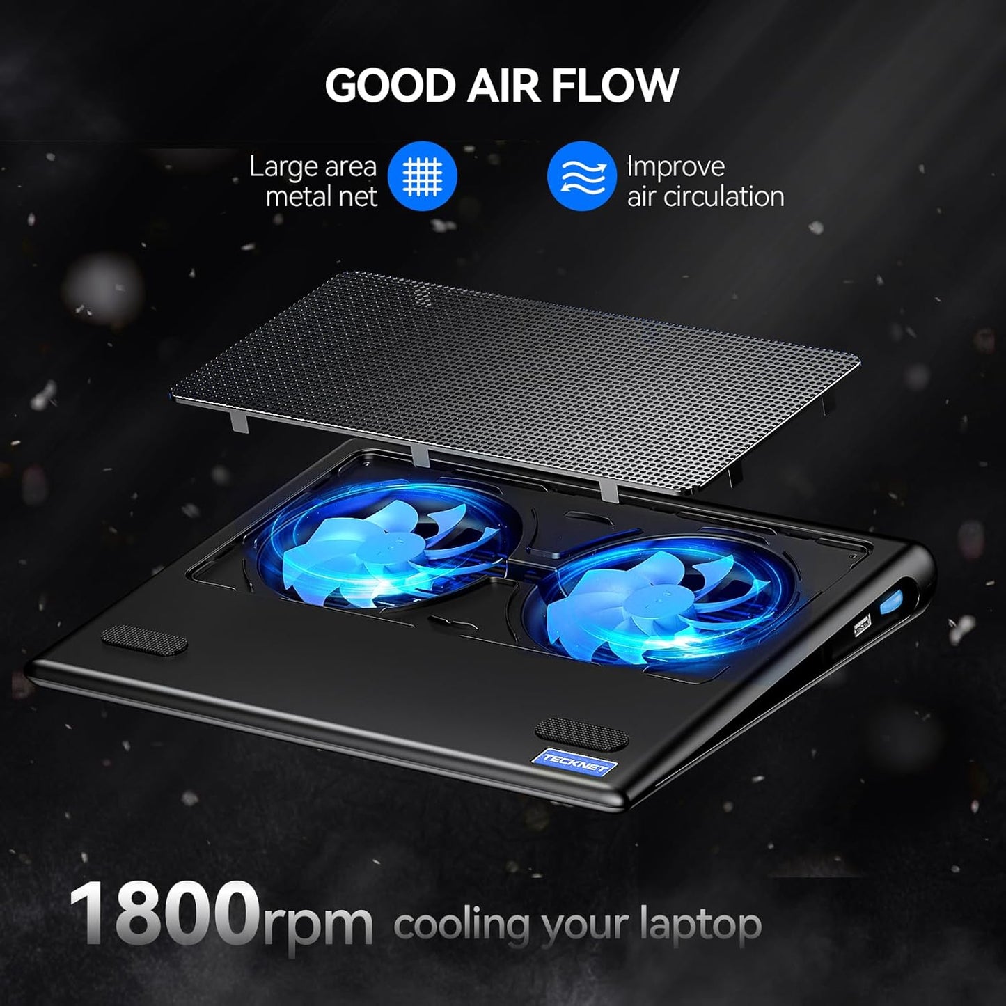 TECKNET Cooling Pad for 12"-15.6" Laptops, Gaming Stand With Adjustable Wind Speed, 2 USB Powered Fans for Devices Up to 16 Inch (Blue)