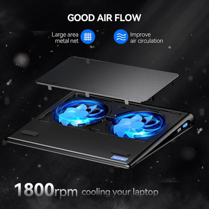 TECKNET Cooling Pad for 12"-15.6" Laptops, Gaming Stand With Adjustable Wind Speed, 2 USB Powered Fans for Devices Up to 16 Inch (Blue)