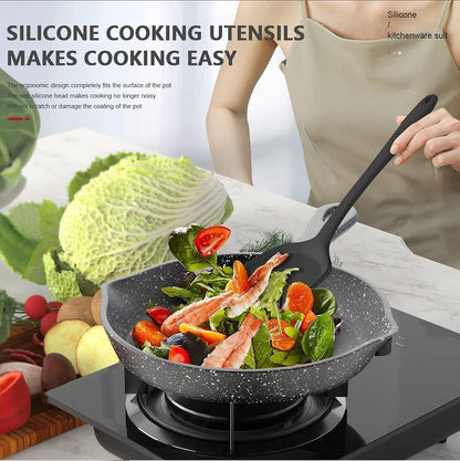 Dishwasher Safe Silicone Cooking Utensils Set - 446°F Heat Resistant Basic Silicone Kitchen Utensils,Turner Tongs, Spatula, Spoon, Brush, Whisk, Gadgets Tools for Nonstick Cookware (BPA Free - Black)