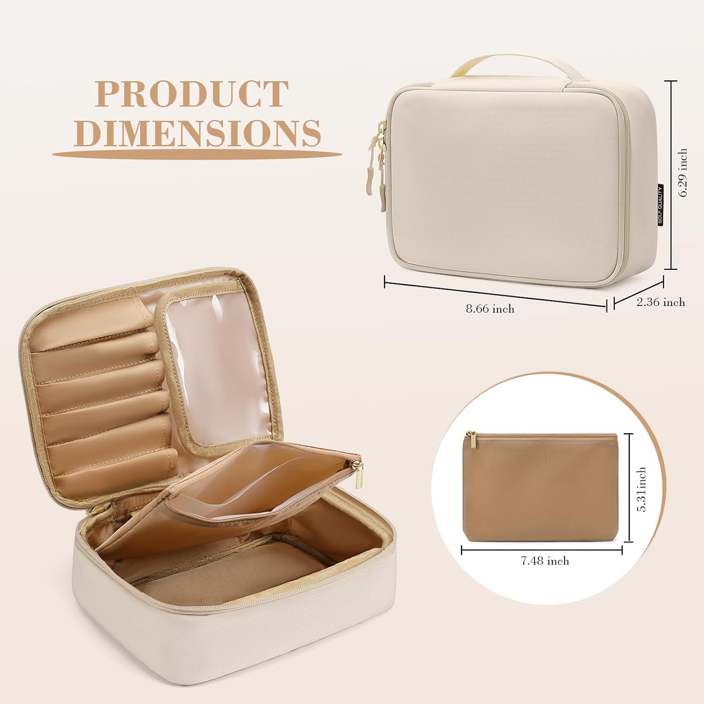 Makeup Bag, Small Travel Makeup Cosmetic Bag for Women, Portable Make up Brushes Holder Bag, Toiletry Bag, Compact Cosmetic Case Organizer, Beige