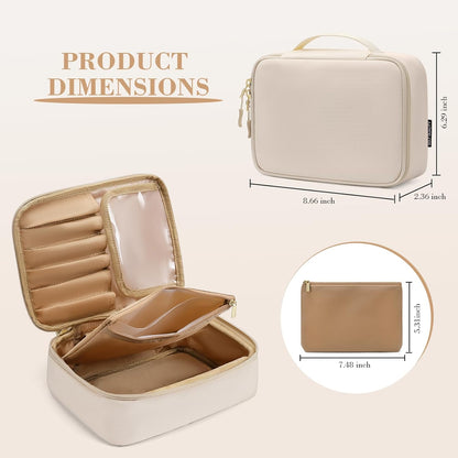 Makeup Bag, Small Travel Makeup Cosmetic Bag for Women, Portable Make up Brushes Holder Bag, Toiletry Bag, Compact Cosmetic Case Organizer, Beige