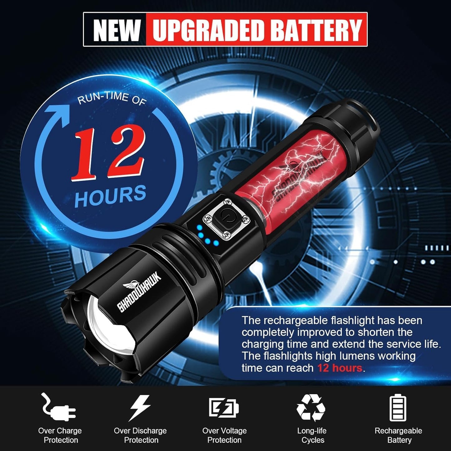 Shadowhawk Flashlight Rechargeable, 990000lm Flash Light Led flashlights high lumens, Super Bright Flashlight Tactical, XHP70.2 Powerful Flashlight USB,Waterproof Lampe de poche for Camping Emergency