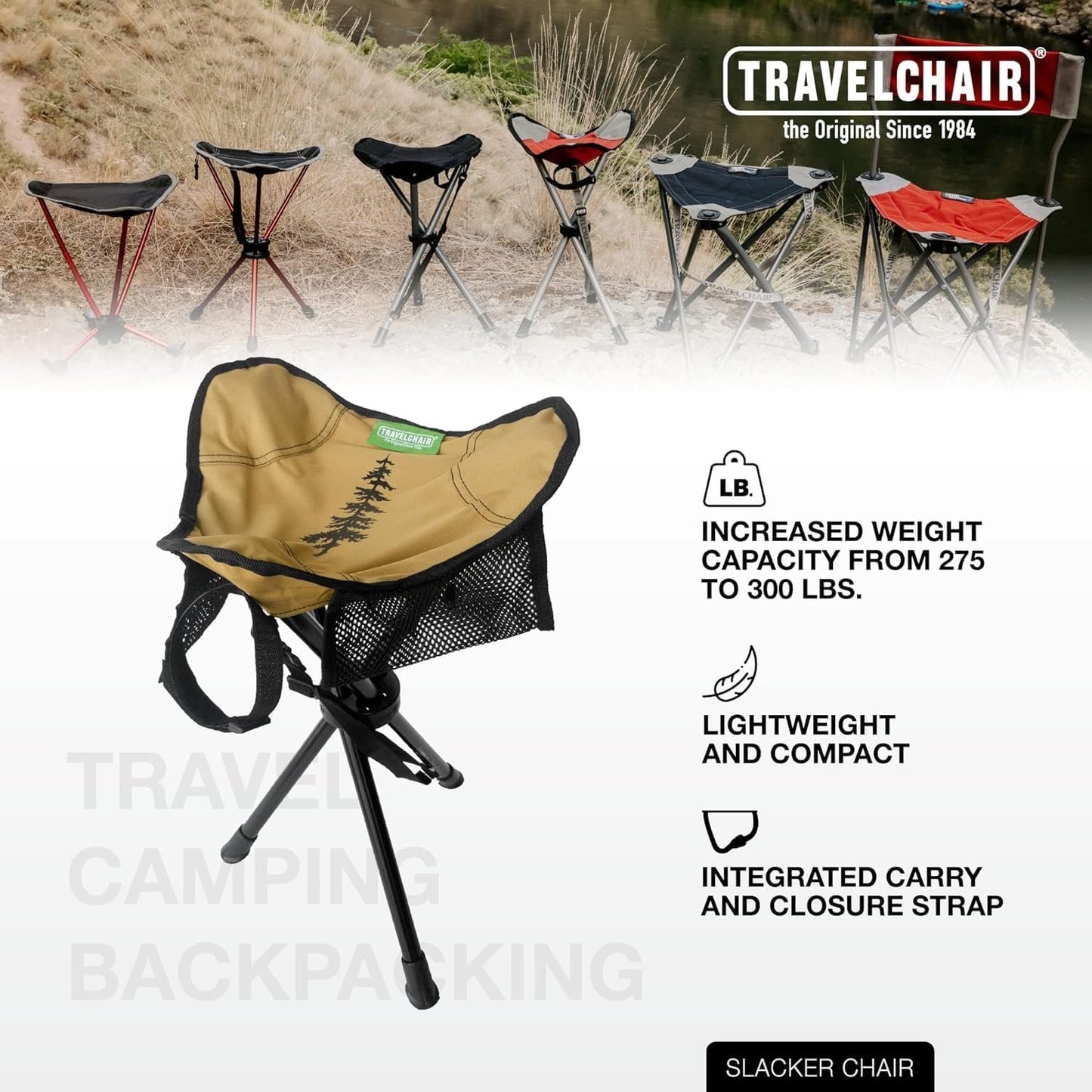 Travel Chair Slacker Tripod Chair for Camping, Lightweight Chair, Adjustable Carry Strap for Easy Transport Made with Recycled Fabric Perfect for Outdoor Adventures, Repreve (Brown/Khaki)