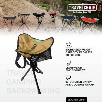 Travel Chair Slacker Tripod Chair for Camping, Lightweight Chair, Adjustable Carry Strap for Easy Transport Made with Recycled Fabric Perfect for Outdoor Adventures, Repreve (Brown/Khaki)