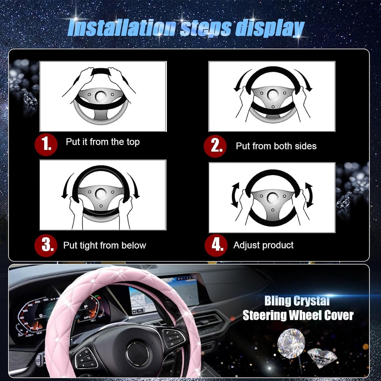 SuperKaKa Pink Steering Wheel Cover, Auto Cute PU Diamond Bling Breathable Slip-Proof Soft Comfort Leather Car Interior Accessories Protector Sparkly Fit Most O-Shaped Steering Wheels for Women Men