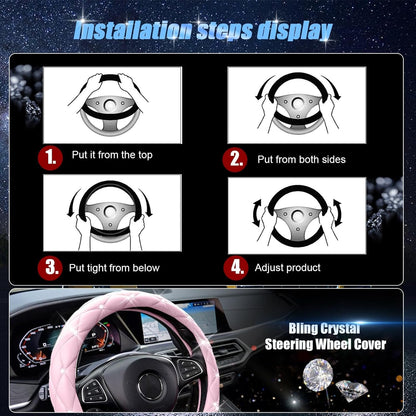 SuperKaKa Pink Steering Wheel Cover, Auto Cute PU Diamond Bling Breathable Slip-Proof Soft Comfort Leather Car Interior Accessories Protector Sparkly Fit Most O-Shaped Steering Wheels for Women Men