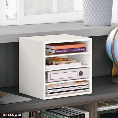 Ballucci 4-Tier Paper Organizer, Desk File Organizer, Stackable Letter Tray, Wood Mail Sorter with Adjustable Storage Shelves, Office Desk Organizer, White