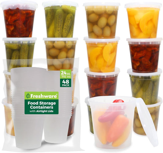 Freshware Food Storage Containers [48 Set] 24 oz Plastic Deli Containers with Lids, Slime, Soup, Meal Prep Containers, BPA Free, Stackable, Leakproof, Microwave/Dishwasher/Freezer Safe