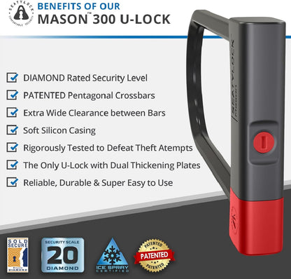 SeatyLock Mason Bike U Lock - Patented Anti-Theft Bicycle Lock - Super Wide Safety Master Tool ULock with Keys for Electric Bikes, Scooters and Motorcycles (30cm)