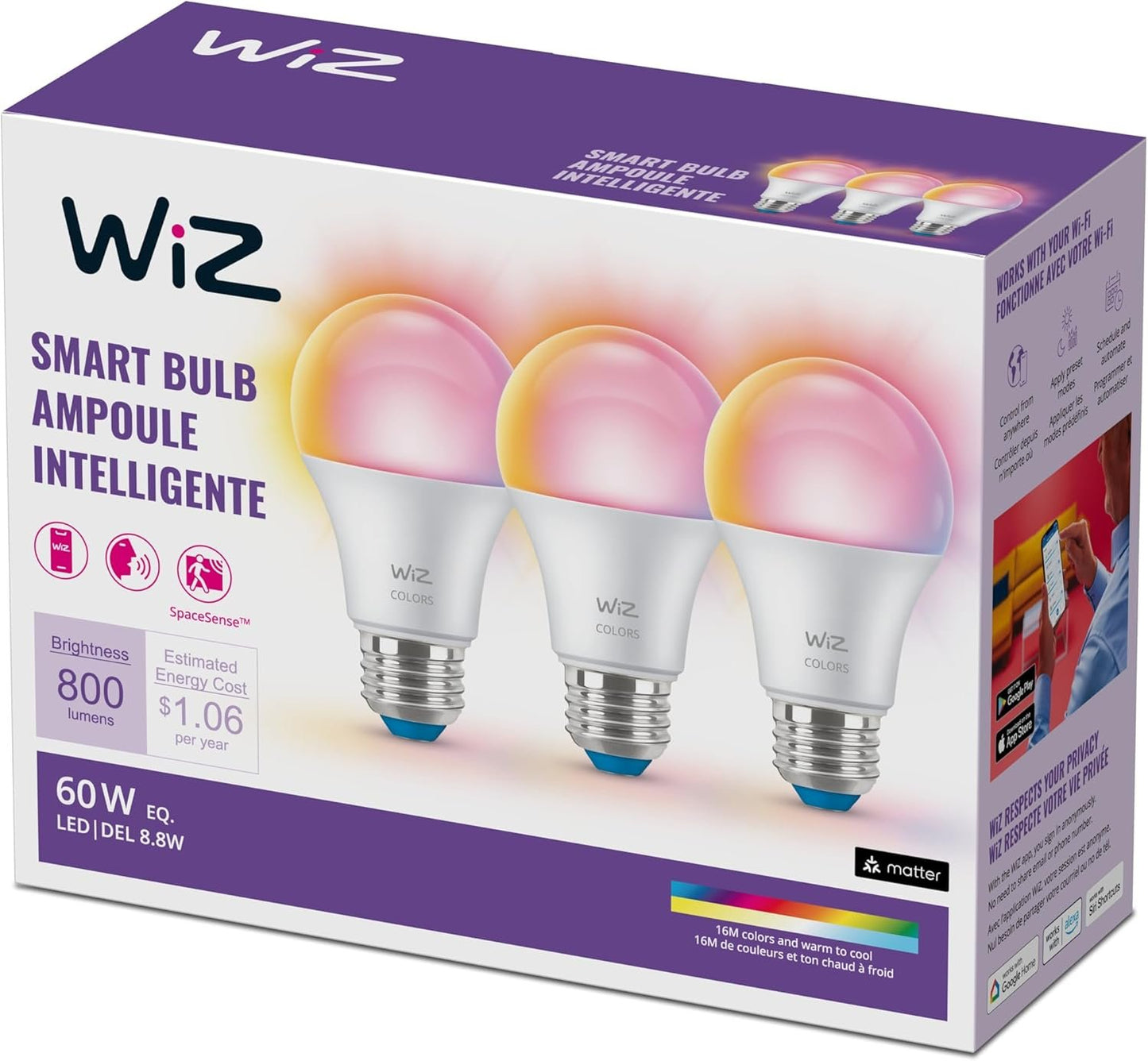 WiZ Connected 60W A19 LED Smart Light Bulbs - Connects to Your Wi-Fi - E26 Smart Bulb - Control with Voice or App + Activate with Motion - Matter Compatible - 3 Pack
