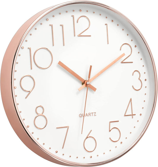 Foxtop Modern Wall Clock 12 Inch Non-Ticking Rose Gold Wall Clock Silent Battery Operated Round Quartz Clock for Living Room Bedroom Home Office School Decor