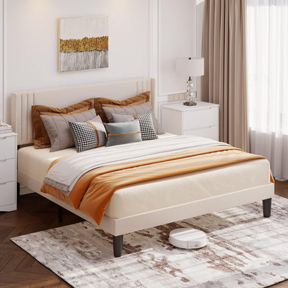 Gizoon Full Bed Frame with Wingback Headboard, Upholstered Platform Bed with Modern Geometric Headboard, Wooden Slats, Noise-Free, No Box Spring Needed (Beige, Full)