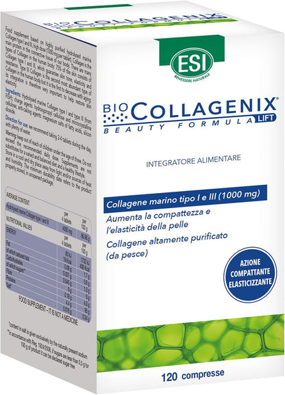 ESI, Biocollagenix, Food Supplement Based on Hydrolyzed Marine Collagen 1000 mg, Gives Firm Skin and Elasticity to the Face, Anti-Aging Supplements Gluten Free, 120 Tablets