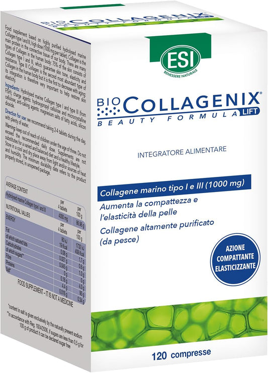 ESI, Biocollagenix, Food Supplement Based on Hydrolyzed Marine Collagen 1000 mg, Gives Firm Skin and Elasticity to the Face, Anti-Aging Supplements Gluten Free, 120 Tablets