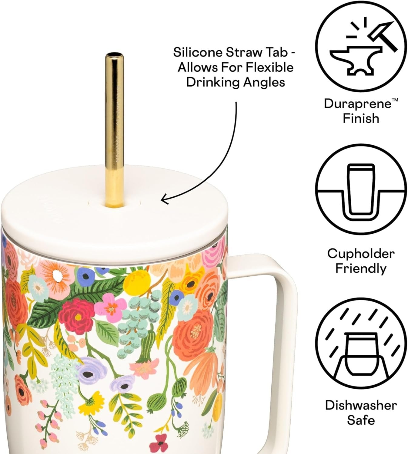 Corkcicle Rifle Paper Co. Tumbler With Straw and Handle, Reusable Water Bottle, Triple Insulated Travel Mug, BPA Free, Keeps Beverages Cold for 12 Hours & Hot for 5 Hours, Garden Party Cream, 30 oz