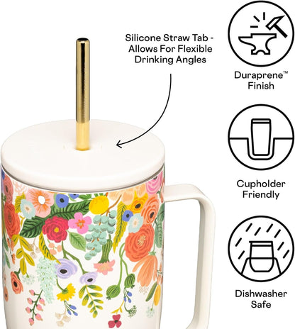 Corkcicle Rifle Paper Co. Tumbler With Straw and Handle, Reusable Water Bottle, Triple Insulated Travel Mug, BPA Free, Keeps Beverages Cold for 12 Hours & Hot for 5 Hours, Garden Party Cream, 30 oz