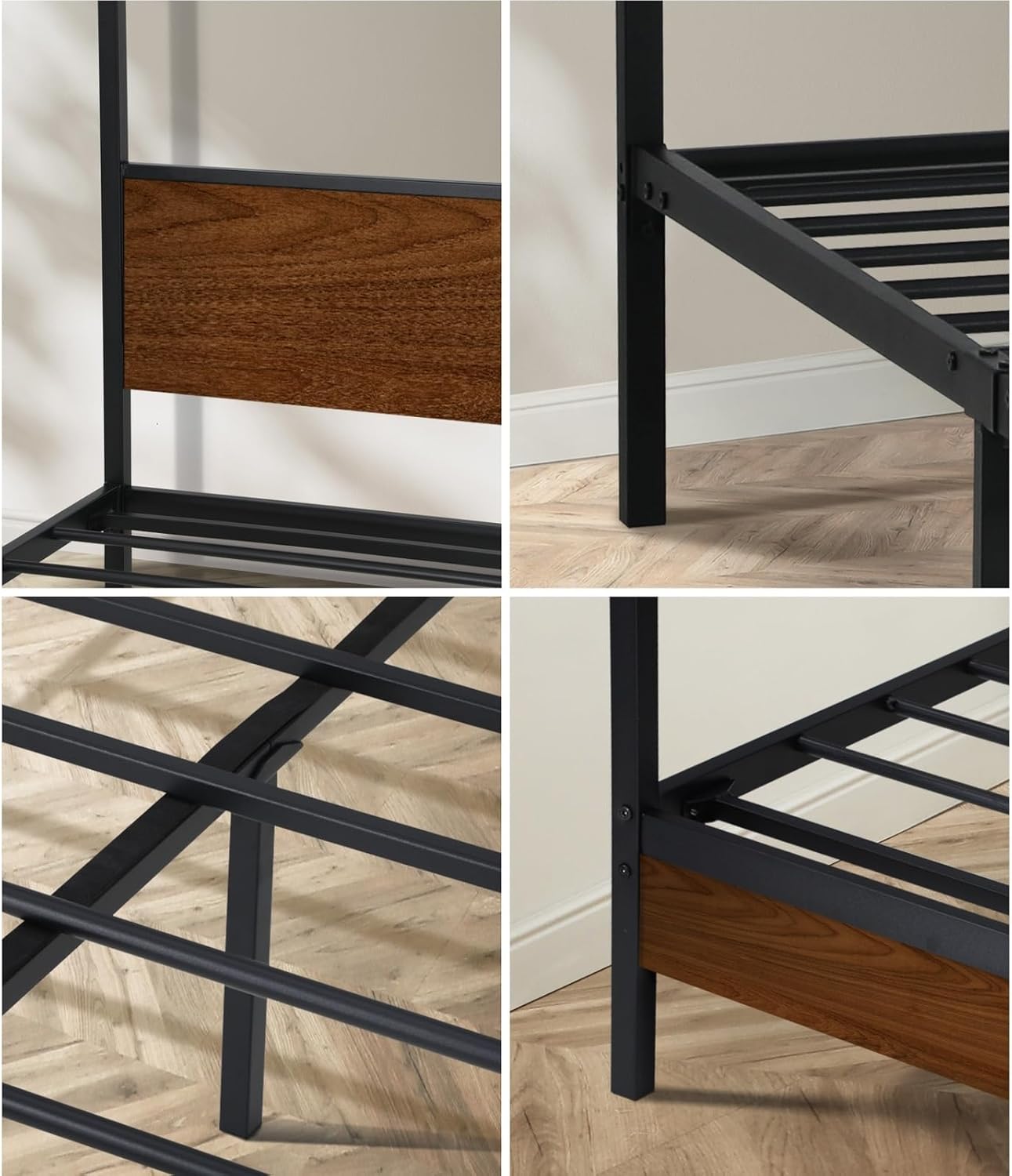 Oikiture Bed Frame Queen with Canopy Metal Bed Storage Base Black