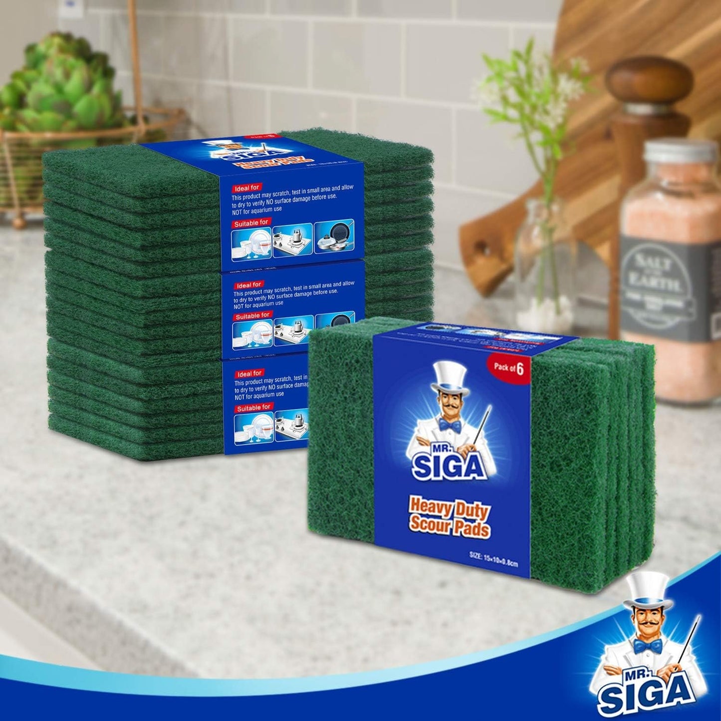 MR.SIGA Heavy Duty Scouring Pads, Household Scrubber for Kitchen, Sink, Dish, 24-Pack, 3.9 x 5.9 inch (10 x 15 cm), Green