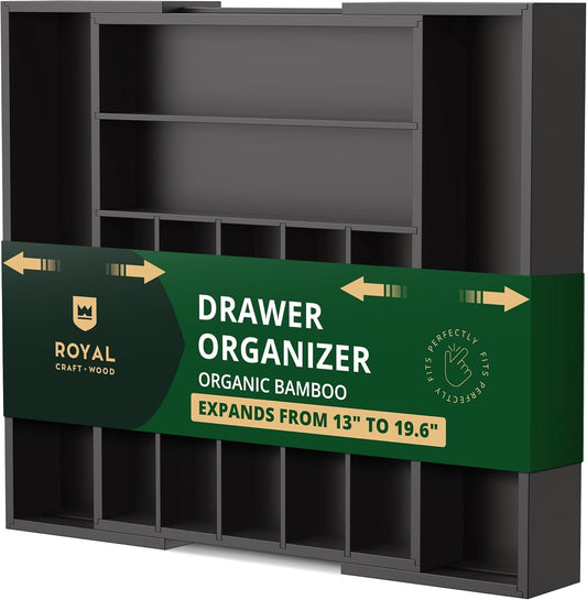 Bamboo Kitchen Drawer Organizer - Expandable Silverware Organizer/Utensil Holder and Cutlery Tray with Grooved Drawer Dividers for Flatware and Kitchen Utensils (Black, 9 Slots)
