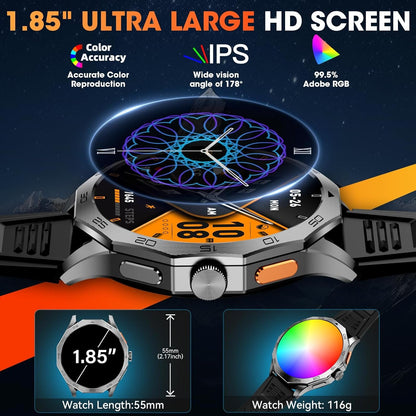 Military Smart Watch for Men 1.85" HD Ultra Screen Touch Screen 710mAh Battery Smart Watches for Android iOS ï¼ˆBluetooth Call Answer/Dial Callsï¼‰ Fitness Tracker with 100+ Sports