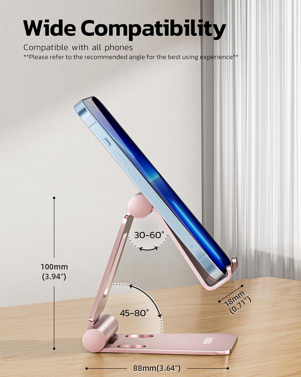 Nulaxy Dual Foldable Phone Stand for Desk, Fully Adjustable Desktop Cell Phone Holder Accessories for Office Compatible with 4-8" Mobile Devices iPhone Pro/Max/Plus, iPad Pro/Air/Mini, Rose Gold