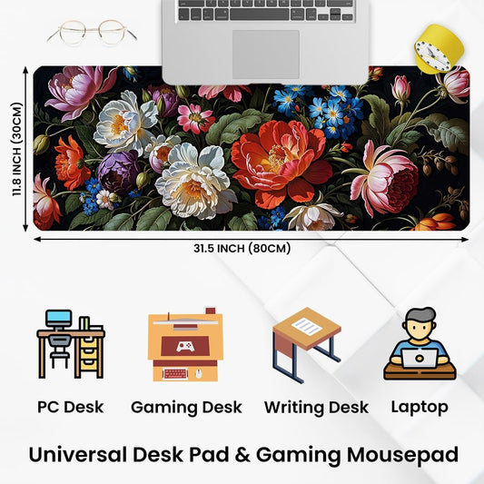 Vintage Floral Desk Mat | XXL Large Gaming Mouse Pad (31.5” x 11.8”) | Aesthetic Keyboard Mat | Non-Slip Base Stitched Edges | for Office, Laptop, PC Decor | Office Desk Accessories for Women Desk