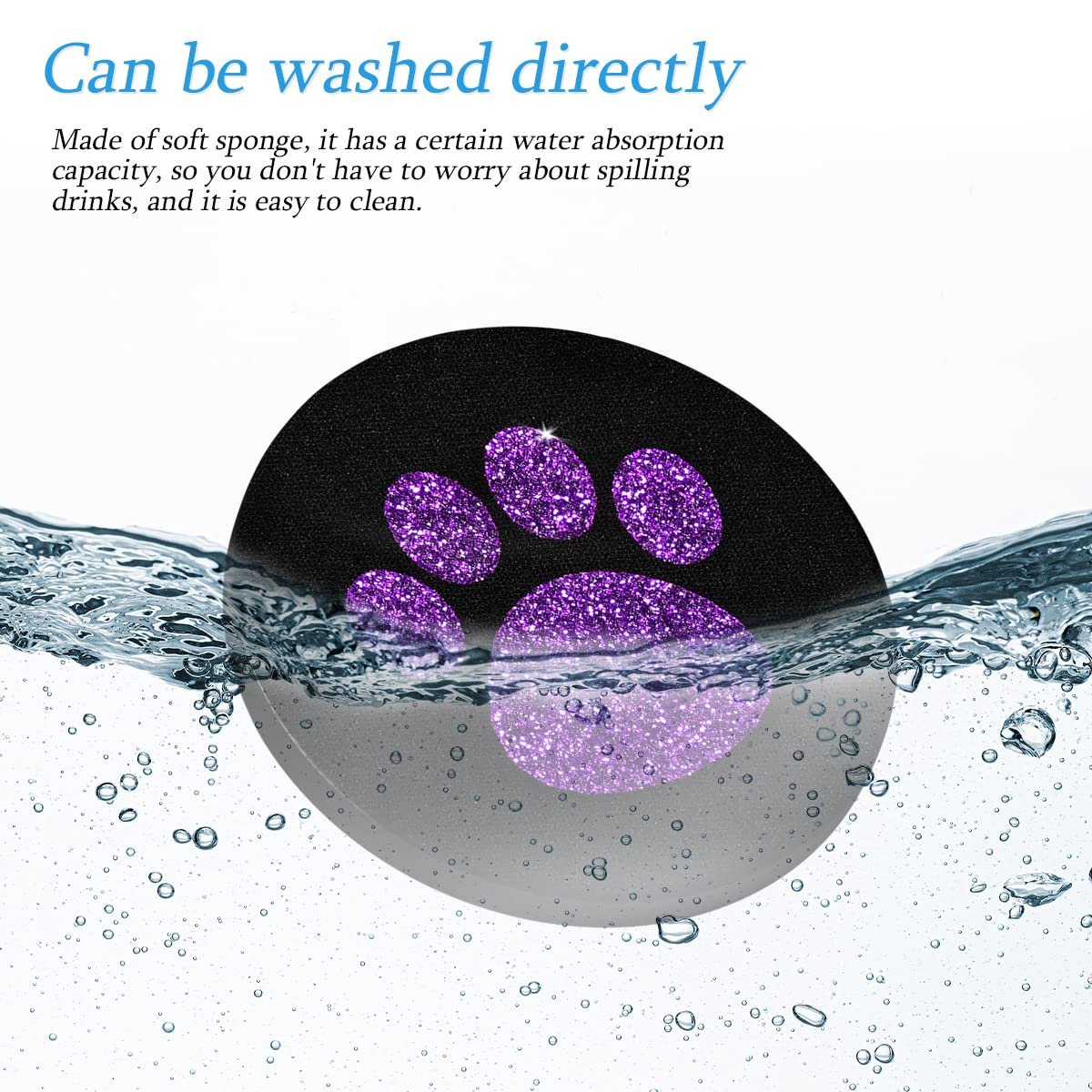 AUCELI 2 Pack Car Cup Holder Coasters, 2.75In Bling Glitter Rhinestone Paw Print Cup Coaster, Rubber Non-Slip Insert Auto Drink Mat, Universal Car Interior Accessories for SUV, Truck, RV (Purple)