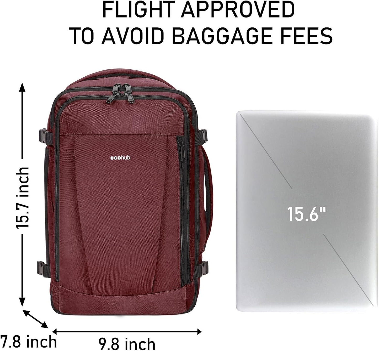 ECOHUB 16'' Travel Backpack Underseat Carry on Backpack Personal Item Travel Bag Airplane with 13 Pockets Carry on Luggage Water Bottle Holder USB Charging Port Casual Daypack for Women Men Red