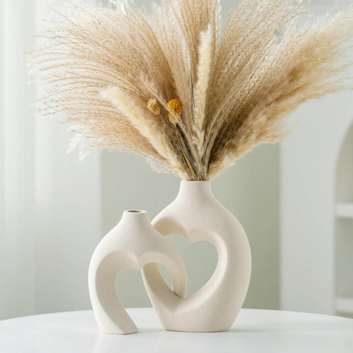 Ceramic Vase for Home Decor, Snuggle Hollow Ceramic Vase Set of 2, Nordic Modern Boho ins Style Heart Shaped Pampas Grass Flower Vases for Living Room Table Decorations (Beige W 6.3" X H 8.1")