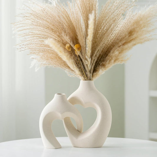 Ceramic Vase for Home Decor, Snuggle Hollow Ceramic Vase Set of 2, Nordic Modern Boho ins Style Heart Shaped Pampas Grass Flower Vases for Living Room Table Decorations (Beige W 6.3" X H 8.1")