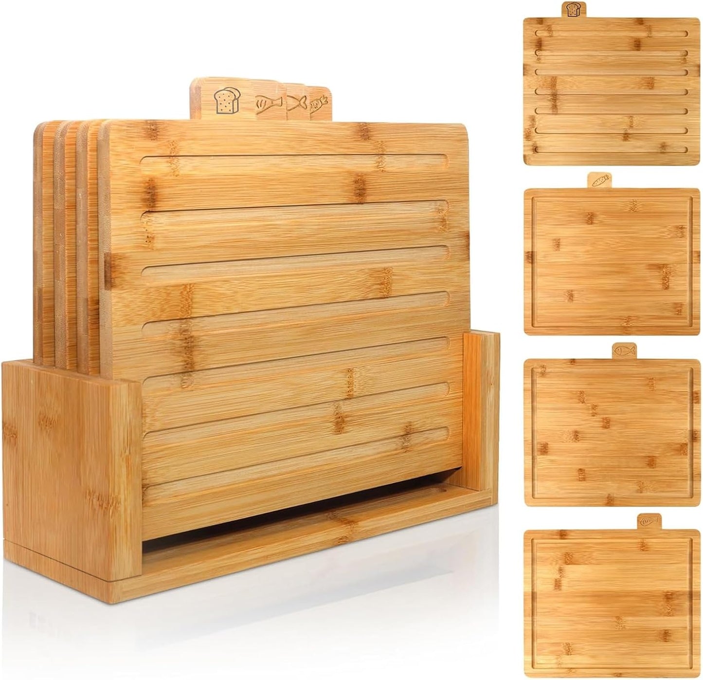 4 Pieces Bamboo Chopping Board with Stand, Thick Cutting Boards Set with Juice Groove, Serving Tray, Cheese Board Mats and Holder, for Cutting Meat, Fruits, Vegetables, Kitchen Tools Gadgets