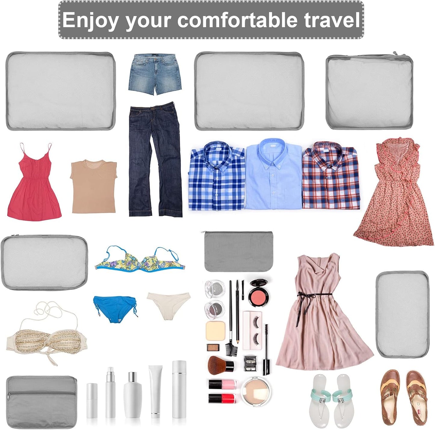 ShawFly Suitcase Organizer Packing Cubes, 7 Pieces Travel Cubes for Suitcase Lightweight Luggage Packing Organizer Essential Travel Bags for Travel Accessories (Grey)