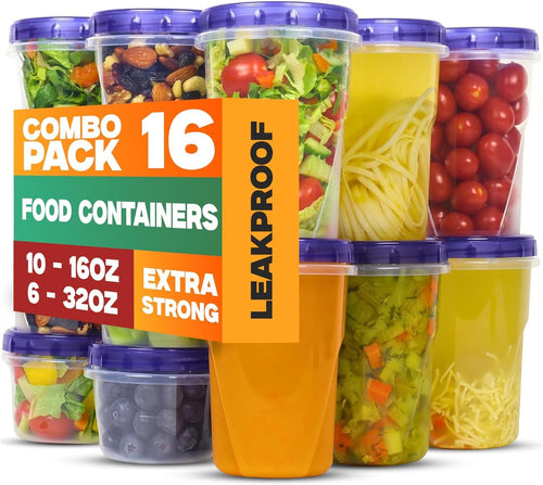 Plastic Food Deli Containers With Twist Top Lids - [16 Set Combo, 32&16 Oz] - Food Storage Soup Containers Takeout To Go - Microwave, Freezer & Dishwasher Safe BPA-Free