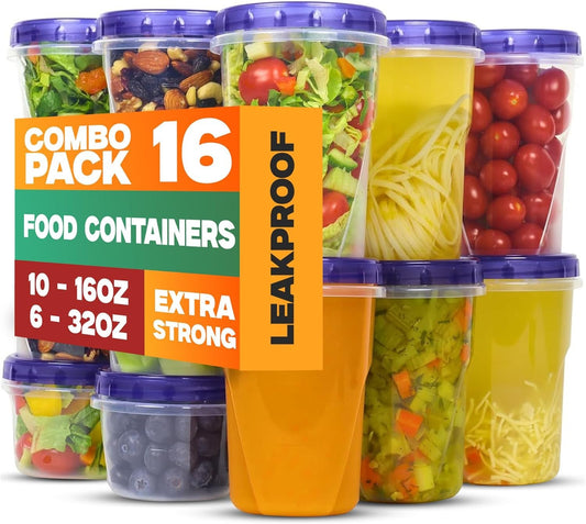 Plastic Food Deli Containers With Twist Top Lids - [16 Set Combo, 32&16 Oz] - Food Storage Soup Containers Takeout To Go - Microwave, Freezer & Dishwasher Safe BPA-Free