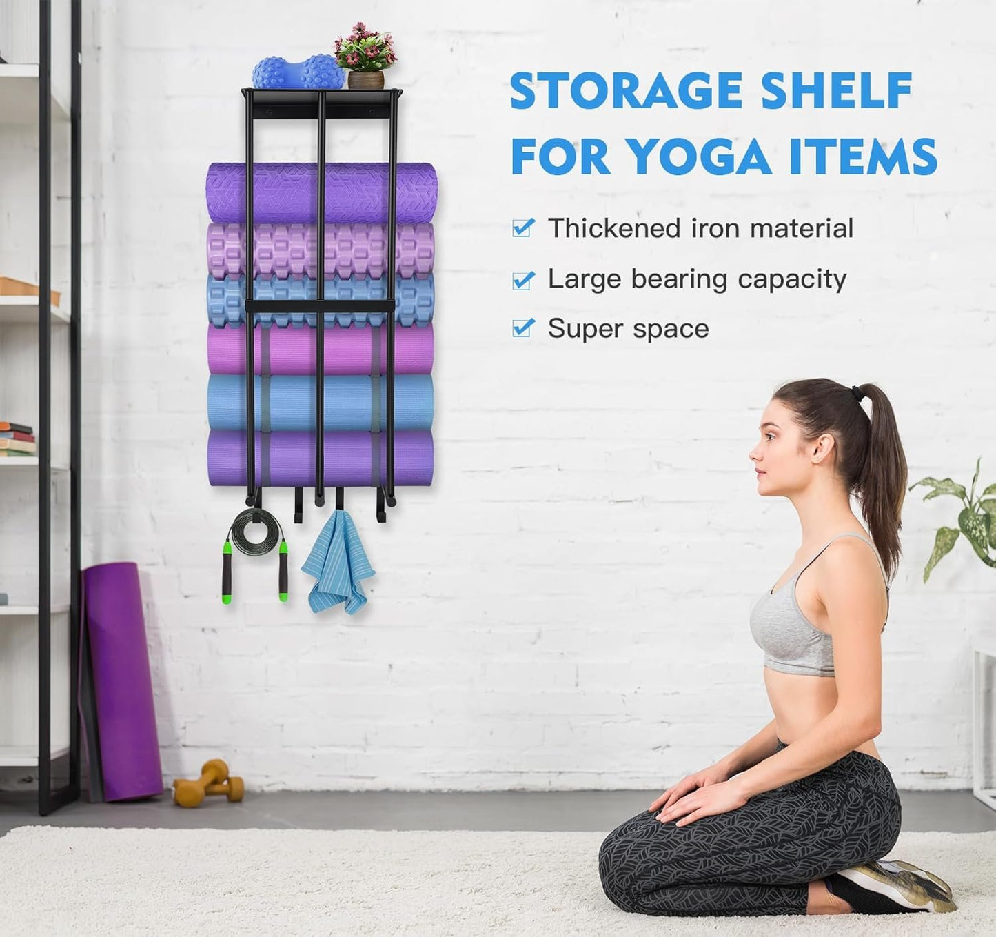 DNYLHRLZ Yoga Mat HolderYoga Mat Holder Wall MountHome Gym Accessories Organizer,Towel Storage Rackwith 4 Hooks for Hanging Foam Roller and Resistance Bands Gym Organization for Home Gym