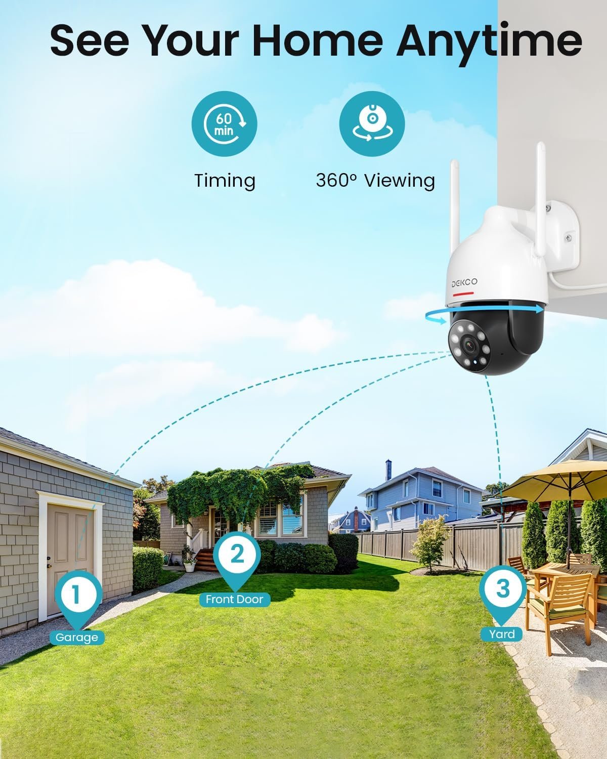 DEKCO 2K WiFi Surveillance Security Camera Outdoor/Home/Dome, Pan-Tilt 360° View, 3MP, Motion Detection and Siren, 2-Way Audio,Full Color Night Vision, Waterproof