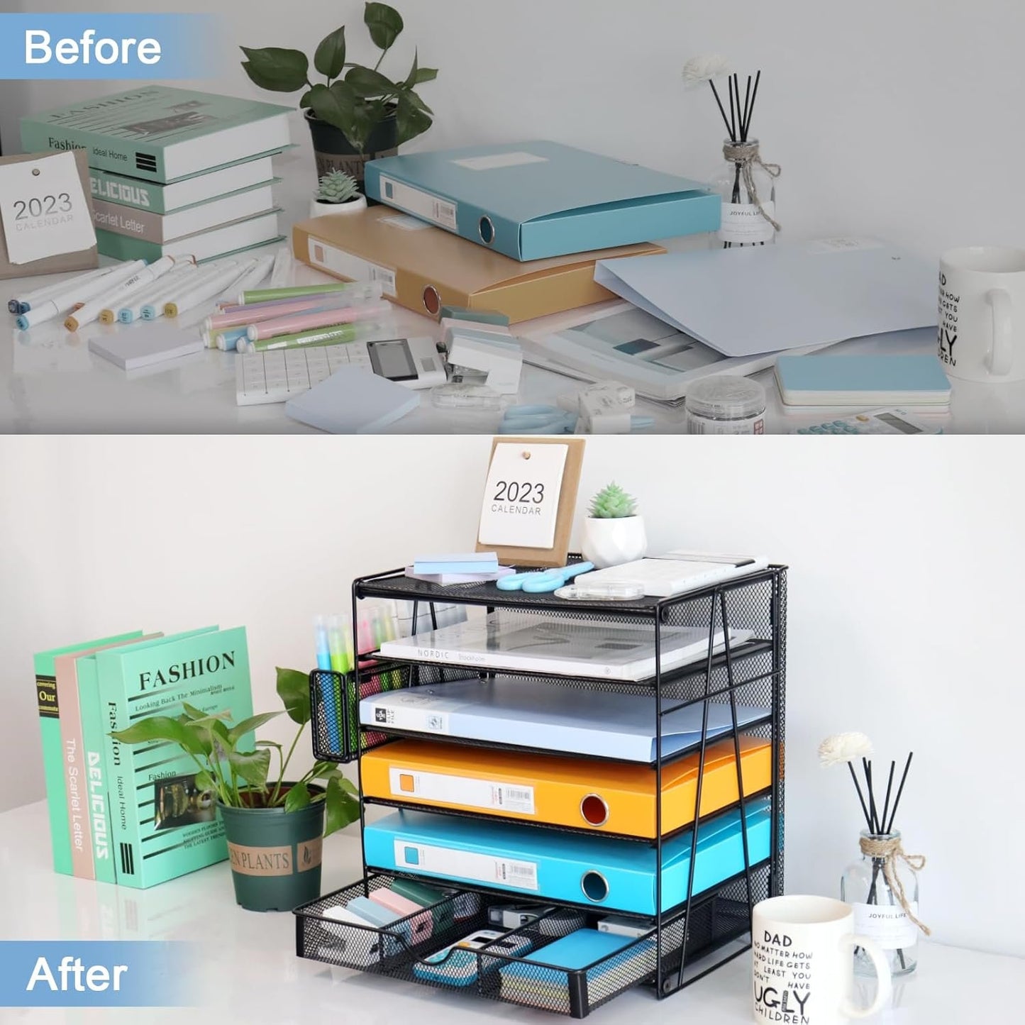 Lemonsea Desk Organizers, Mesh Paper Letter Tray with Sliding Drawers and Pen Holder, Desktop File Organizer for Home, Office, School, Black
