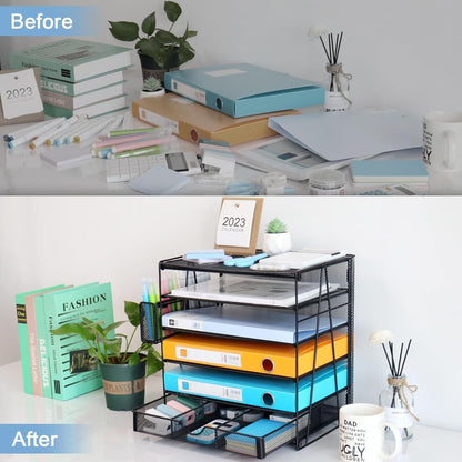 Lemonsea Desk Organizers, Mesh Paper Letter Tray with Sliding Drawers and Pen Holder, Desktop File Organizer for Home, Office, School, Black