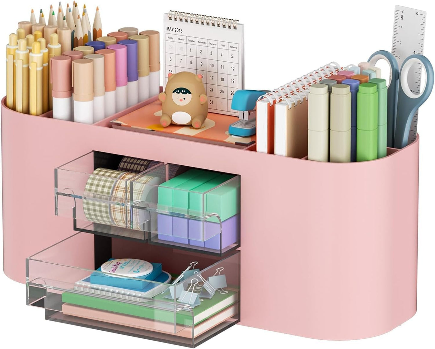 Mtxorvix Desk Organizer with Drawer, Pen Organizer with Drawer, Multi-Functional Pencil Holder for Desk, Desk Organisers and Accessories with 5 Compartments + 3 Drawer for Office Art Supplies (Pink)