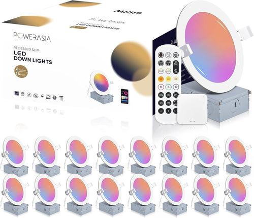 16 Pack Smart Recessed Lighting 6 Inch, Ultra-Thin LED Recessed Lighting 12W 1200LM Smart Downlight with Junction Box, Compatible with Alexa/Google Assistant, Hub Included - ETL and Energy Star