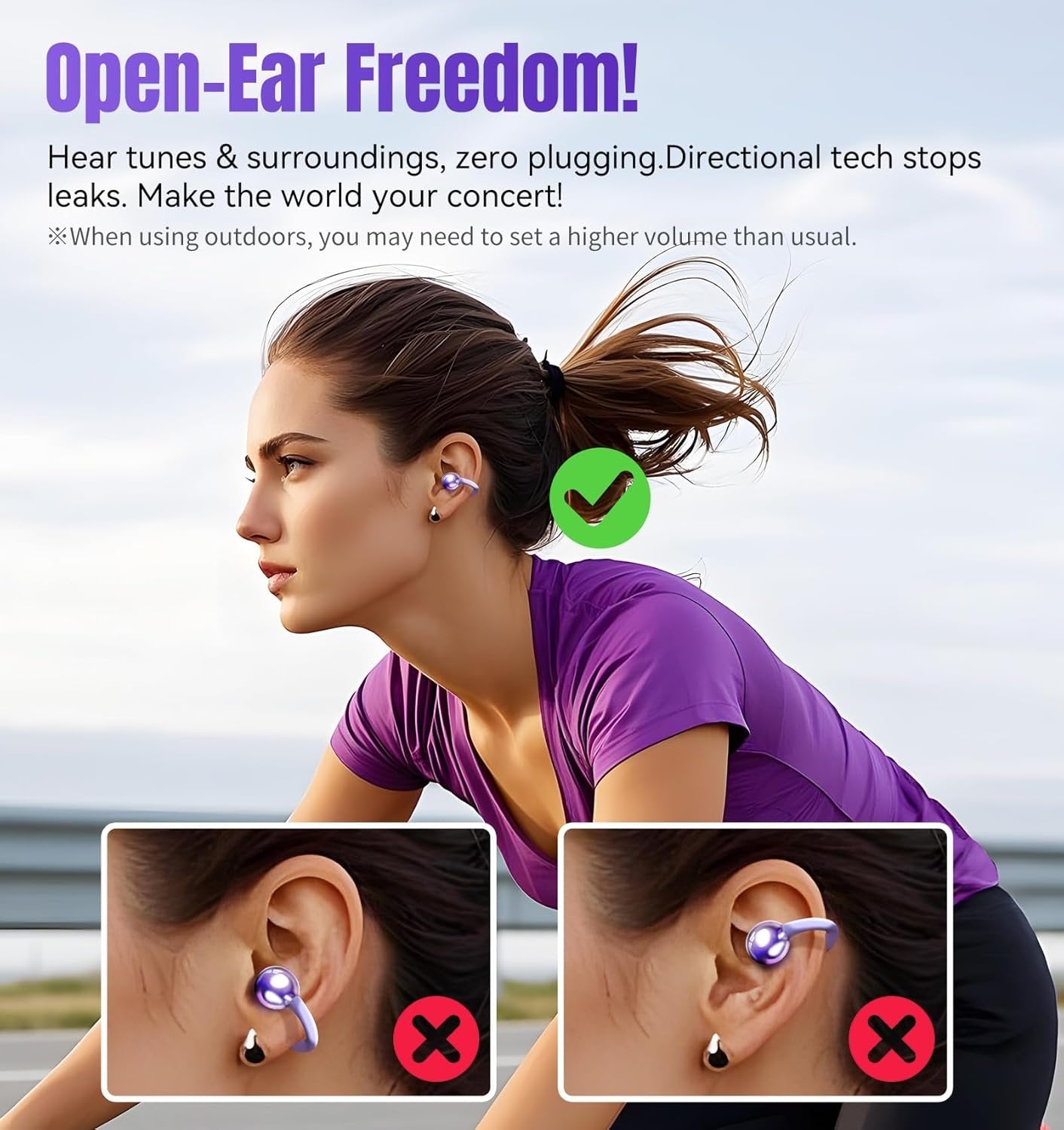 King Lucky Open Ear Earbuds Wireless Bluetooth 5.4 Clip-on Headphones with Mic - 50H Playtime, Ipx5 Waterproof - Ideal for Sports & Workouts, Comfortable for Small Ears & Glasses Wearers (Purple)