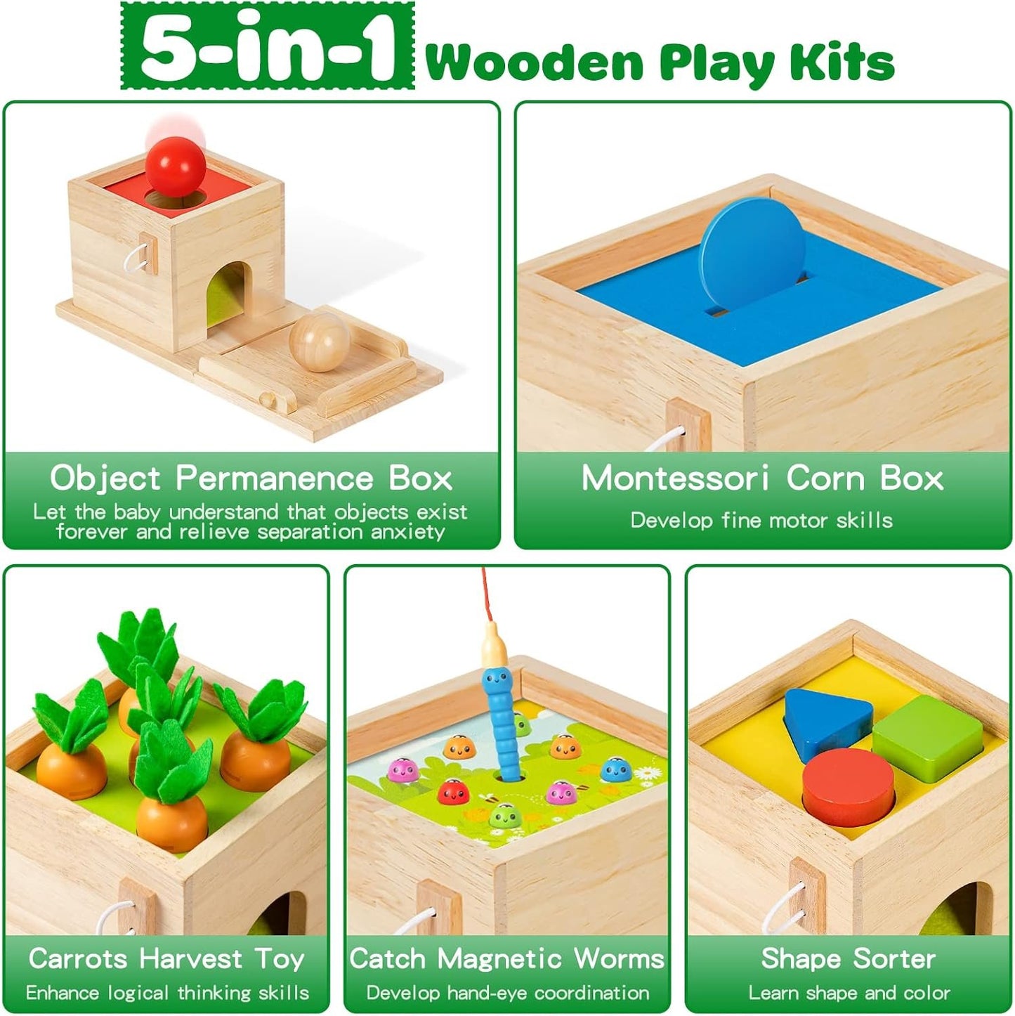 Wooden Montessori Toys for 1 Year Old, 5-in-1, Object Permanence Box, Coin Box, Carrot, Catch Worm, Shape Sorter, Learning Toy for Toddler Aged 1, 2, 3 Year Old Boys Girls