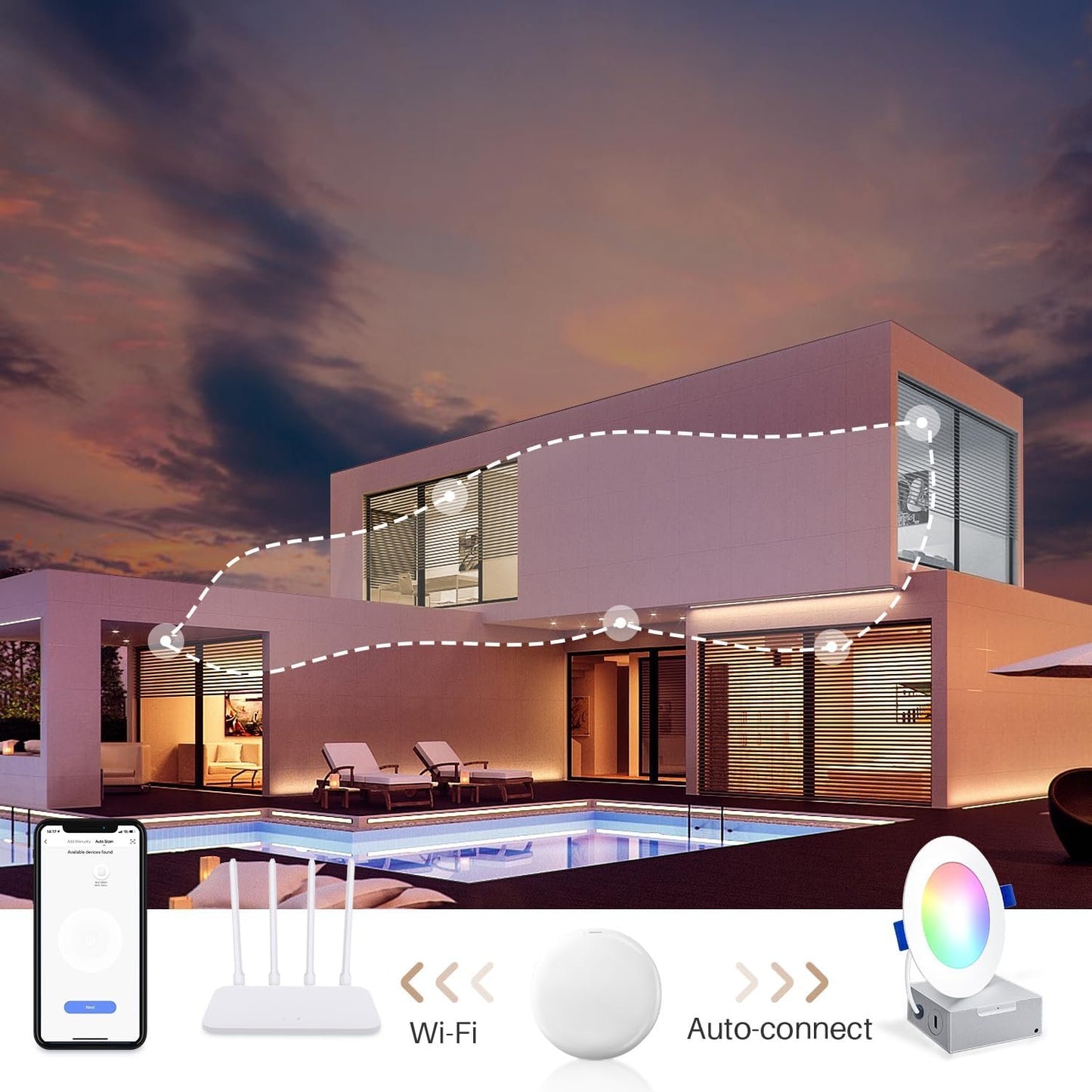 Peteme 4 Inch Pot Lights, Smart LED Recessed Lighting 6 Pack, High Brightness Dimmable RGBCW Color Changing Indoor Outdoor Soffit Downlight for Alexa/Google Only 2.4GHz WiFi 10W 800 Lumen