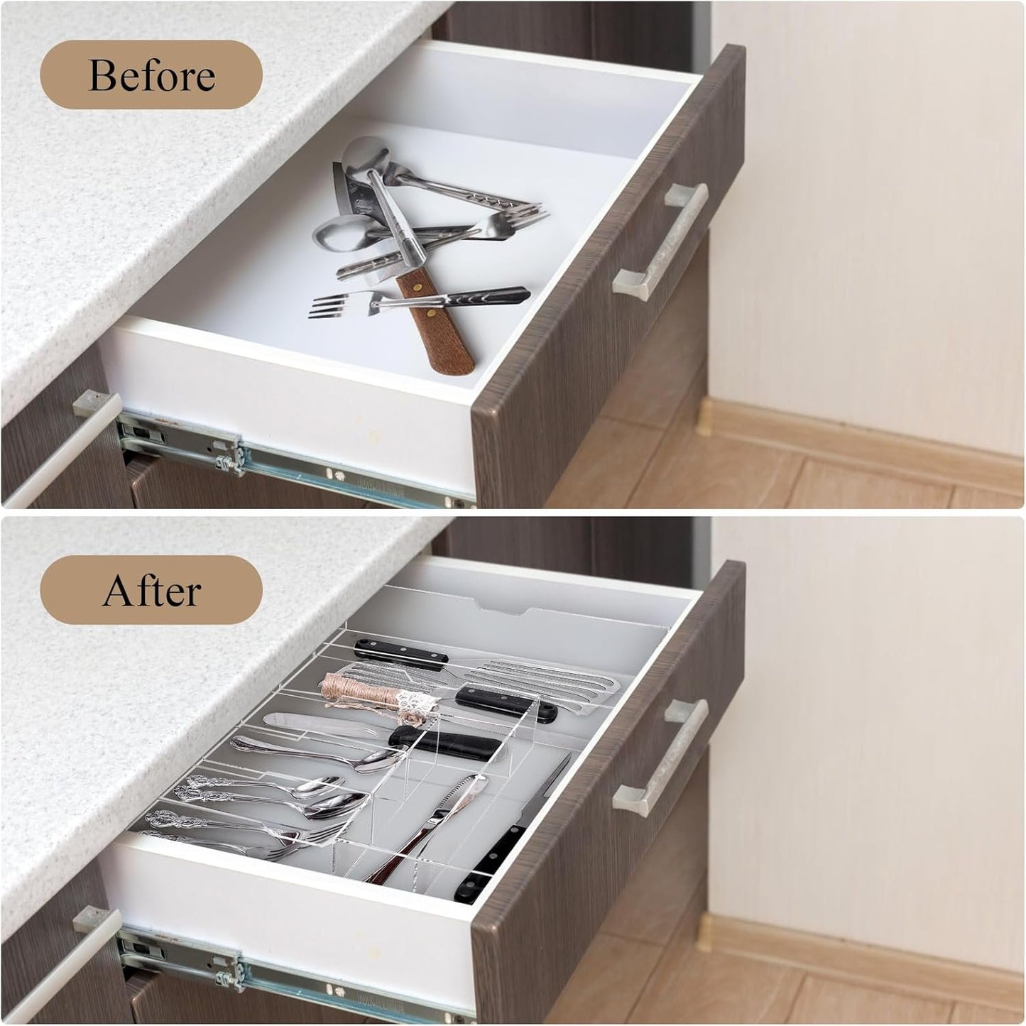 Fasmov Expandable Plastic In-Drawer Utensil Organizer Tray, Acrylic Adjustable Cutlery and Flatware Tray, Silverware Organizer Kitchen Drawer Organizer for Flatware and Utensils -9 Compartments